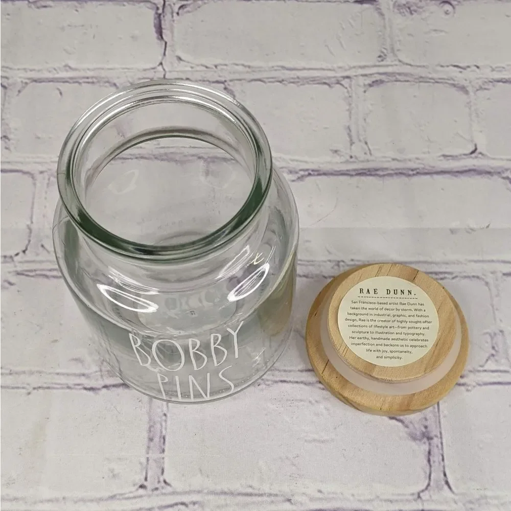 Rae Dunn BOBBY PINS Glass Jar Storage Container with Wooden Lid
